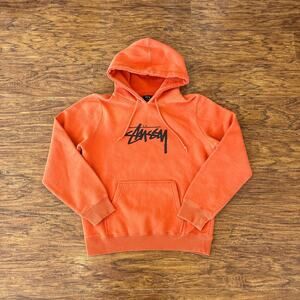 Stussy Stock Logo Orange Pullover Hoodie Sweatshirt Small